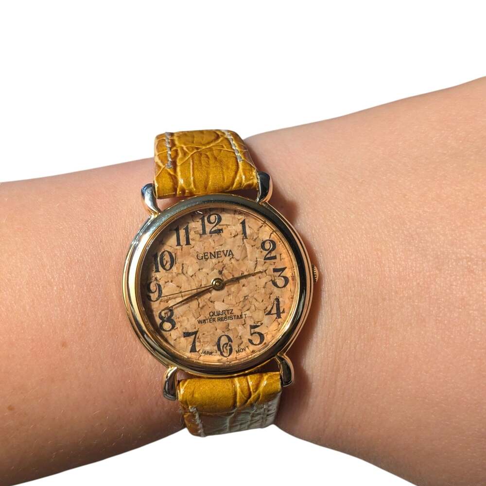 Geneva Quartz Women's Watch with Cork Dial and Yellow Faux Croc Leather Strap